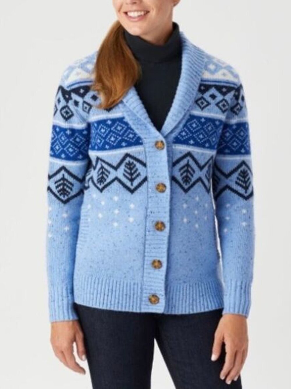 Beautiful Duluth Cozy Shawl Collar Knit Cardigan Light Blue/Navy Pattern Sz Lg
